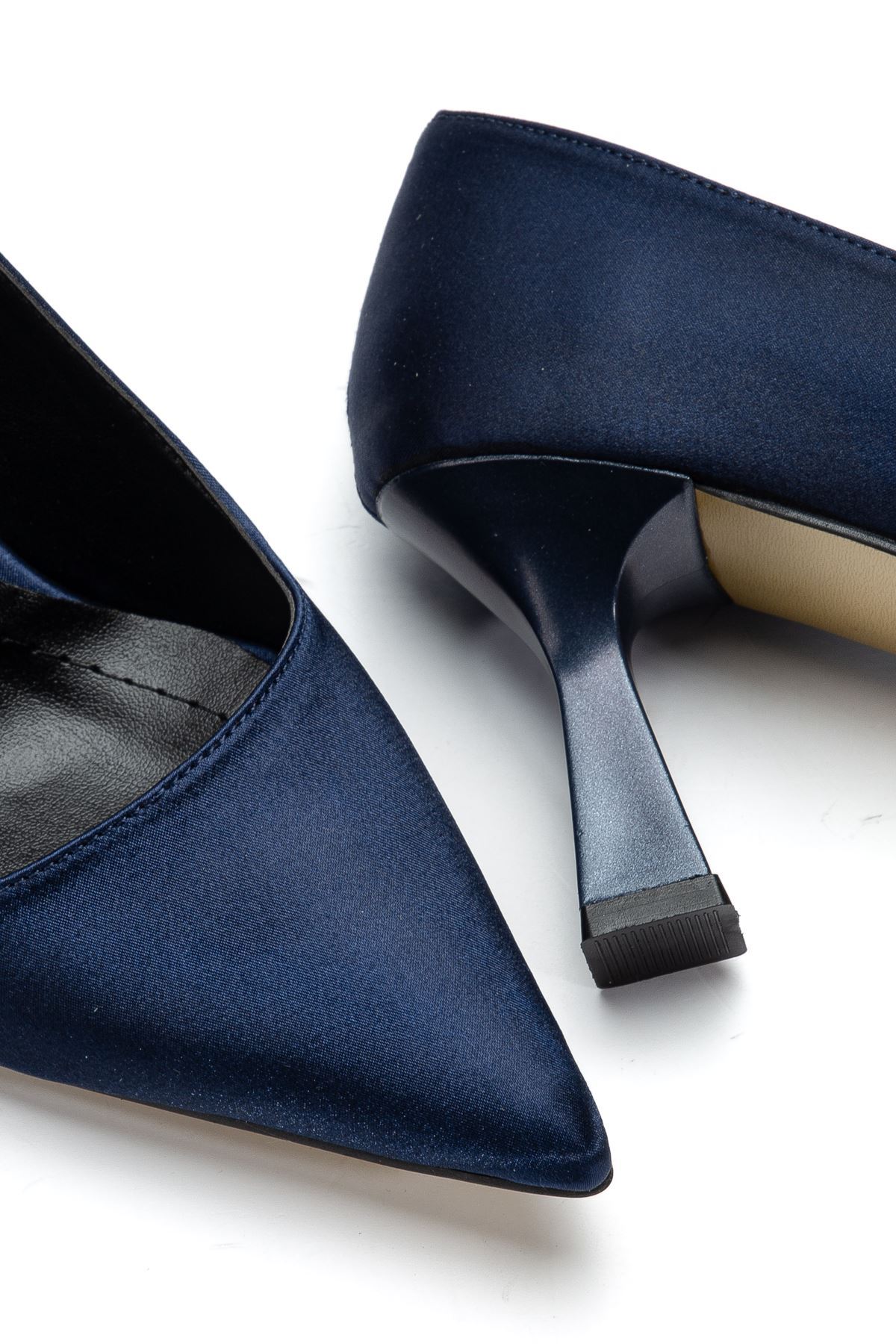 Kadın Lacivert Saten Sivri Burun İnce Topuklu Stiletto