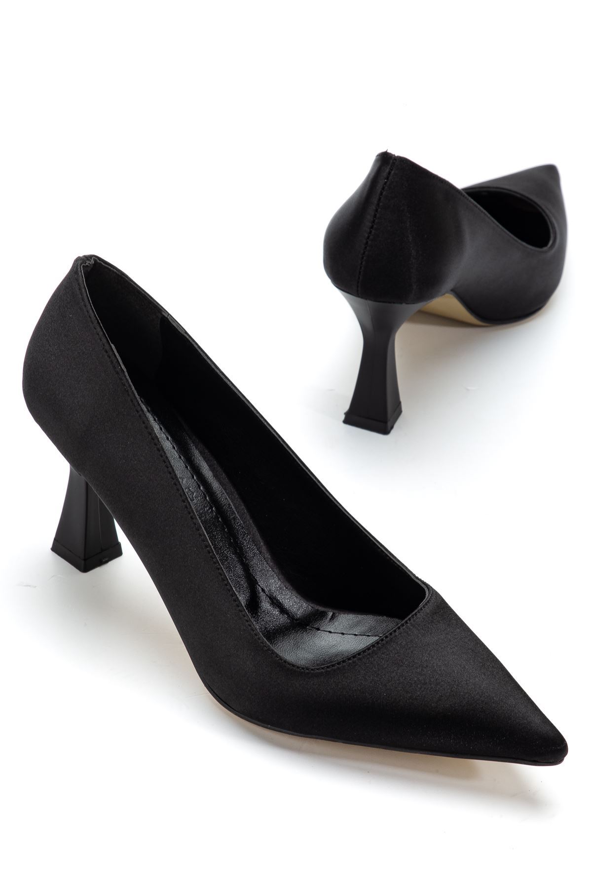 Kadın Siyah Saten Sivri Burun İnce Topuklu Stiletto