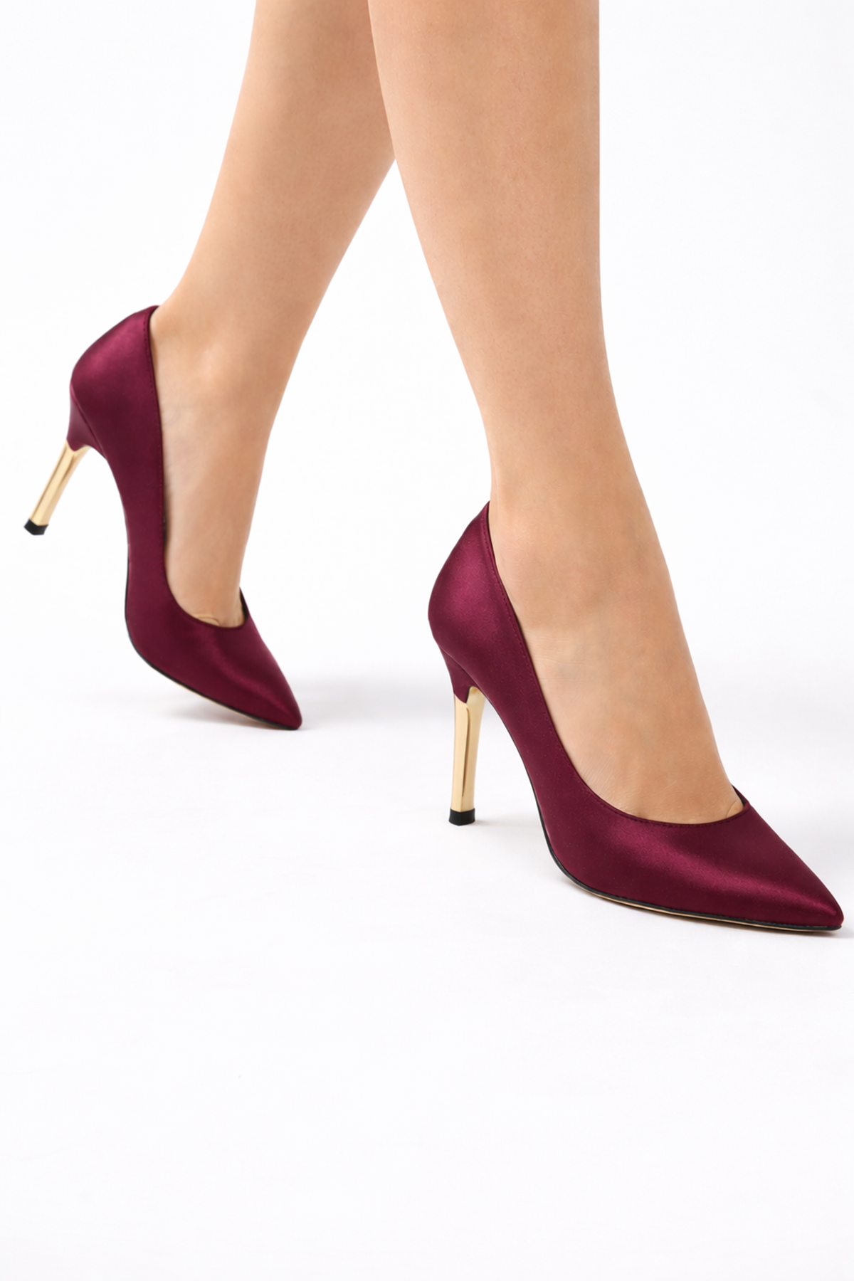 Kadın Bordo Saten Gold Ökçe Sivri Burun İnce Topuklu Stiletto