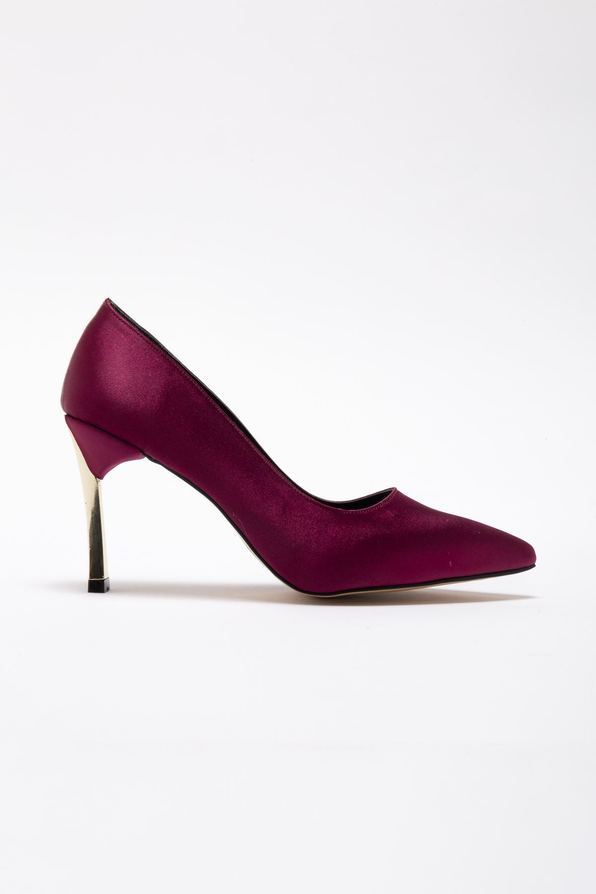 Kadın Bordo Saten Gold Ökçe Sivri Burun İnce Topuklu Stiletto