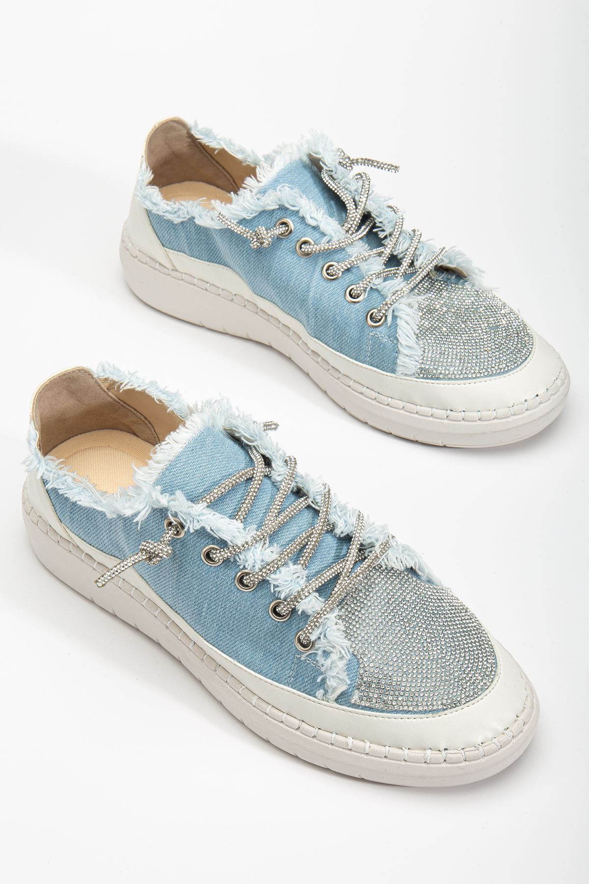 Neva Taşlı Düz Taban Kadın Bebe Mavisi Kot Sneakers