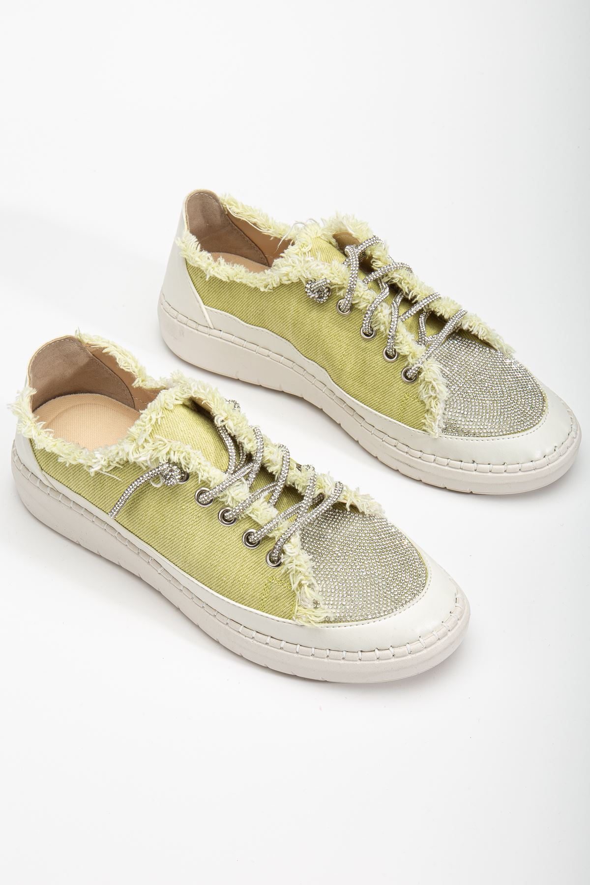 Neva Taşlı Düz Taban Kadın Sarı Kot Sneakers