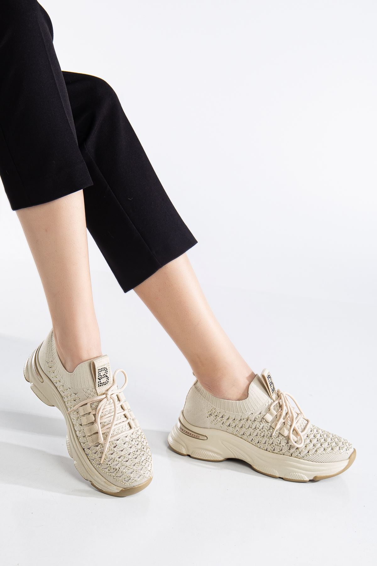 Edwin Bej Triko Bağcıklı Yüksek Topuk Rahat Kalıp Sneaker