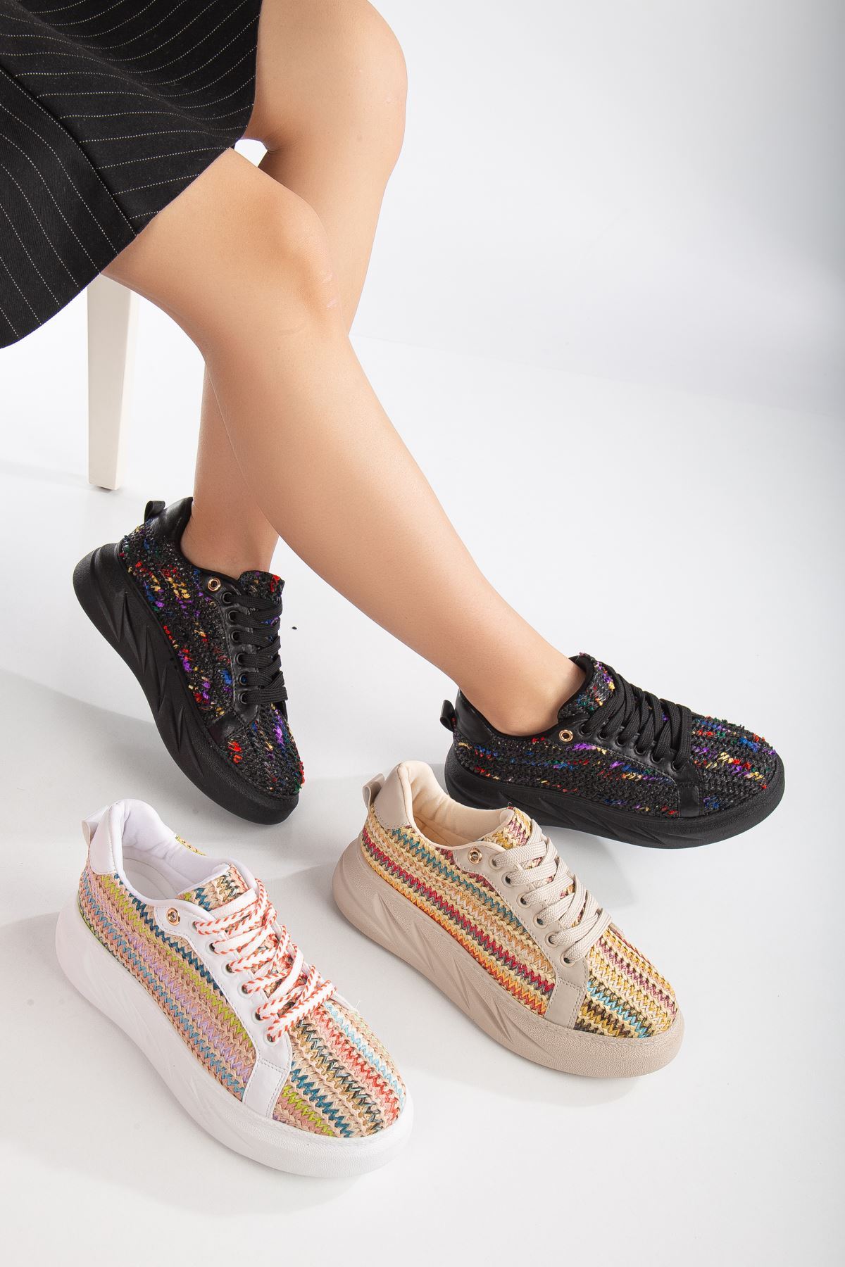 Mavis Krem - Renkli Kalın Tabanlı Hasır Detaylı Sneakers