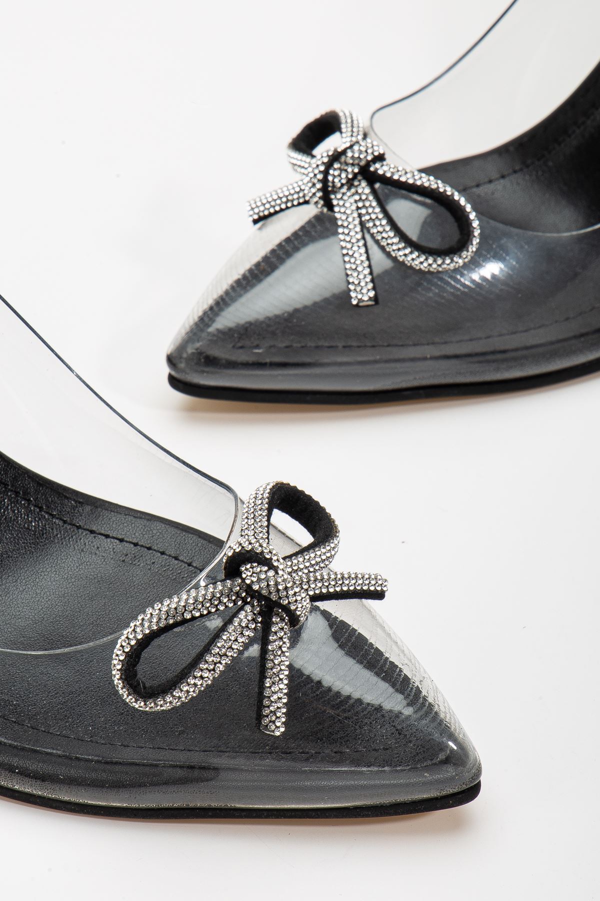 Siyah Stiletto Taşlı Şeffaf  Topuklu Ayakkabı