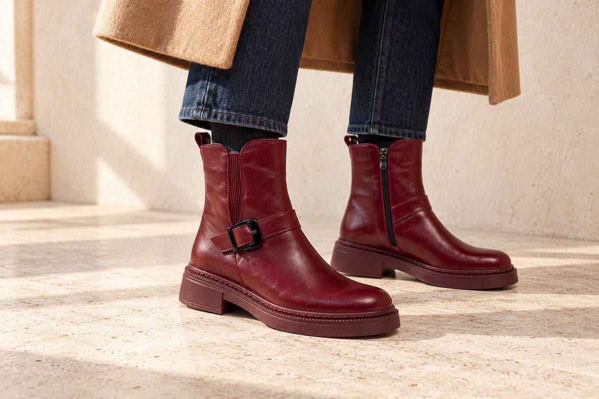 Biore bordo parlak cilt 4,5 cm topuklu tokalı lastikli bot, koyu jean ve deve tüyü kabanla Biore bordo parlak cilt 4,5 cm topuklu tokalı lastikli bot, koyu jean ve deve tüyü kabanla