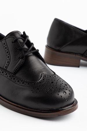 Kadın Siyah Hakiki Deri Bağcıklı Loafer Ayakkabı