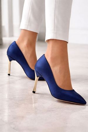 Kadın Lacivert Saten Gold Ökçe Sivri Burun İnce Topuklu Stiletto