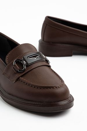 Kadın Acı Kahve Cilt Tokalı Loafer Ayakkabı