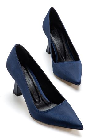 Kadın Lacivert Saten Sivri Burun İnce Topuklu Stiletto