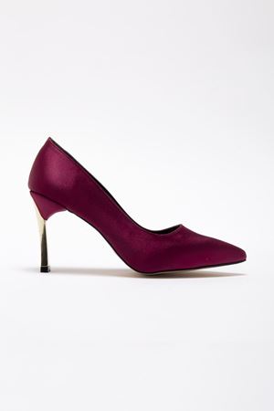 Kadın Bordo Saten Gold Ökçe Sivri Burun İnce Topuklu Stiletto