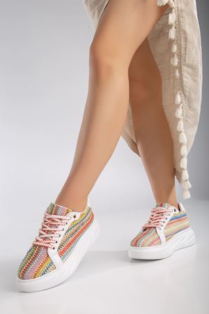 Mavis Beyaz - Renkli Kalın Tabanlı Hasır Detaylı Sneakers