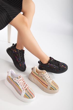 Mavis Beyaz - Renkli Kalın Tabanlı Hasır Detaylı Sneakers