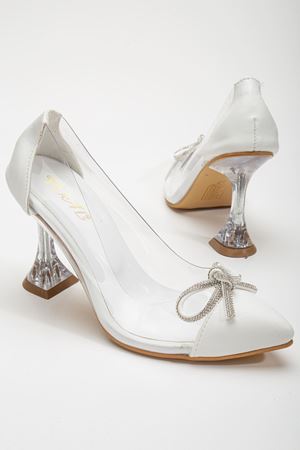 Beyaz Stiletto Taşlı Cilt Şeffaf  Topuklu Ayakkabı
