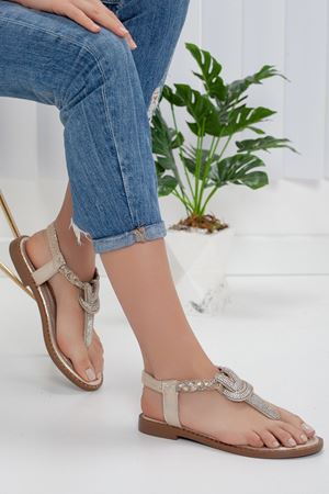 Minna Taşlı Parmak Arası Gold Sandalet