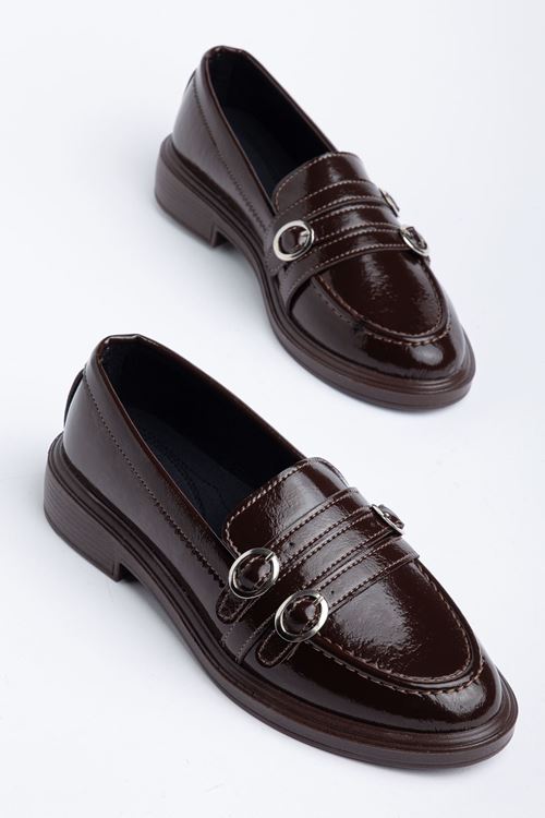 Kadın Acı Kahve Rugan 3 Tokalı Loafer Ayakkabı