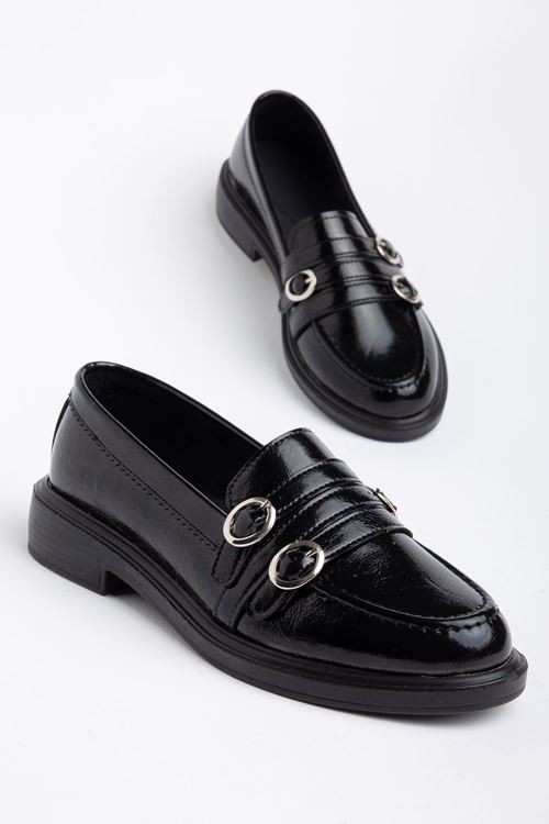 Kadın Siyah Rugan 3 Tokalı Loafer Ayakkabı