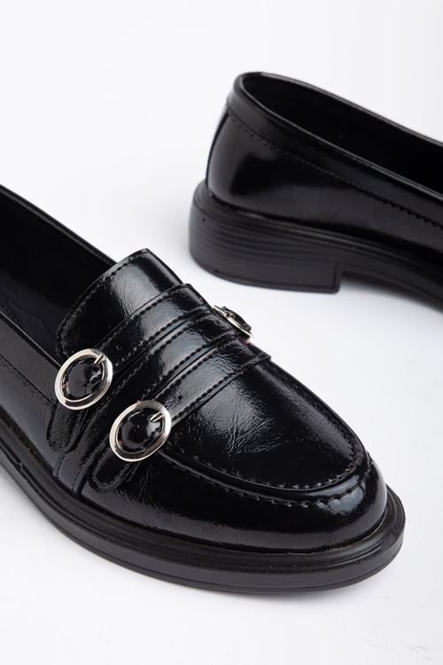 Kadın Siyah Rugan 3 Tokalı Loafer Ayakkabı