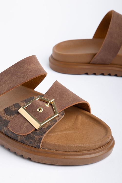 Aize Kadın Taba-Leopar Cilt Gold Detaylı Poli Taban Terlik