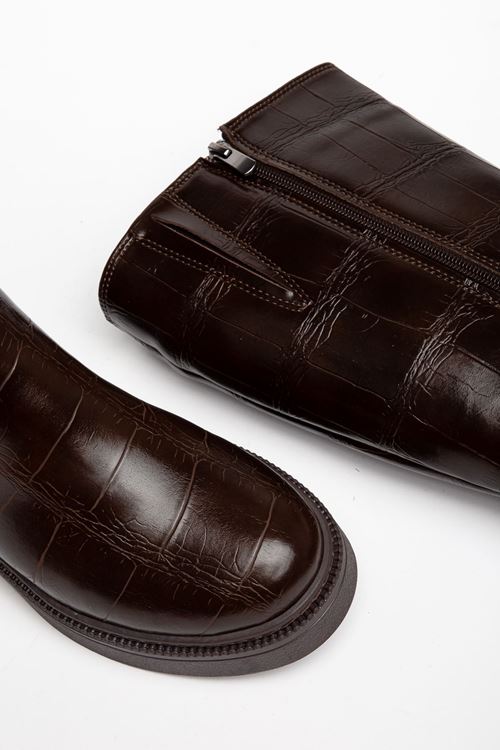 Kadın Kahverengi Crocodile Cilt Fermuar Detaylı Günlük Çizme