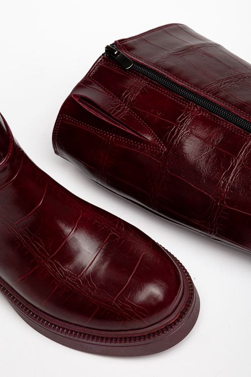 Kadın Bordo Crocodile Cilt Fermuar Detaylı Günlük Çizme
