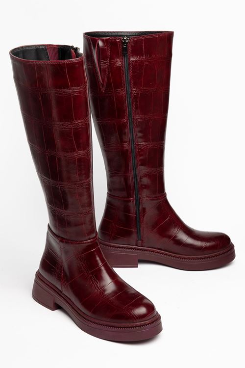 Kadın Bordo Crocodile Cilt Fermuar Detaylı Günlük Çizme